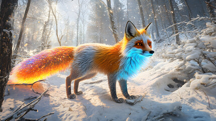 Holographic Fox in Snowy Winter Forest: Magical Rainbow Tail, 3D Render