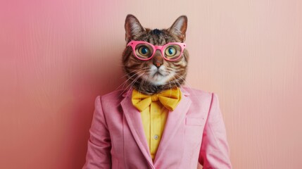 A dapper cat in pink suit and pink glasses poses for a portrait