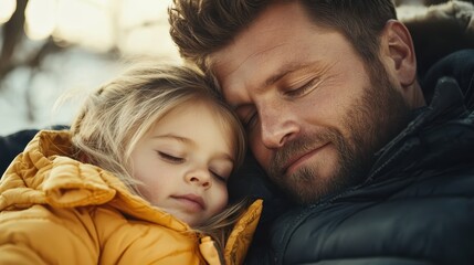In a tranquil outdoor setting, a father and his daughter in cozy jackets share a peaceful nap, representing family warmth and love amidst nature.