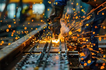 Industrial Welding Process: Close-Up of Torch Sparks in Large Infrastructure Project Construction