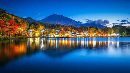Autumn seasonal lake among mountain landscape in spring at night. Beautiful countryside with colorful foliage of maple trees reflecting in the water below, enchanting scene for visitors to enjoy.