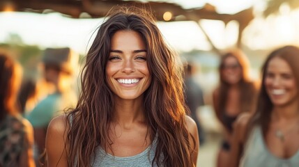 A joyful woman is shown smiling widely at an outdoor social gathering, amidst people in a relaxed setting, conveying the essence of summer happiness and connection.