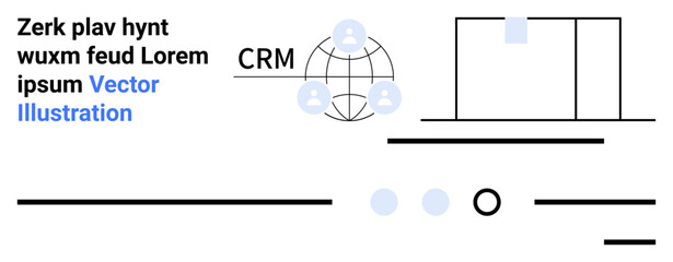 Laptop, abstract globe with user icons, text placeholders, and geometric shapes. Ideal for CRM, business growth, global connections, customer management, networking, technology solutions