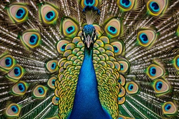 Obraz premium A striking peacock stands majestically, showcasing its iridescent blue and green plumage against a mesmerizing patterned background filled with eye-catching hues.