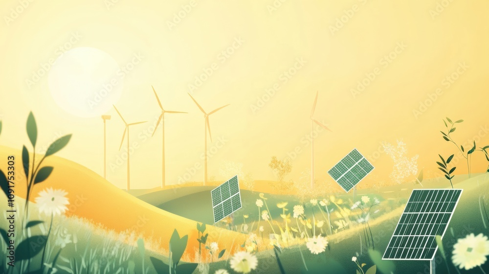 Aufkleber solar panels and wind turbines populate a serene landscape with abstract green patterns under a brig