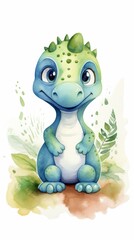 Fototapeta premium Whimsical Hand Drawn Watercolor Baby Dinosaur Illustration for Children's Book or Nursery Decoration Generative AI