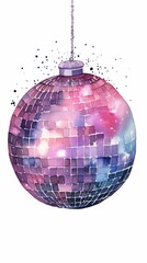 Obraz premium Hand Drawn Watercolor Pink Purple Blue Disco Ball Illustration on White Background for Party Decorations Generative AI