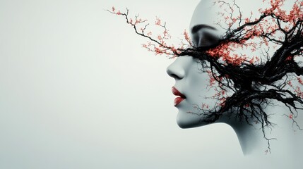 A side profile of a face merges with delicate branches and blossoms, creating an ethereal blend that represents the beauty and complexity of human emotion and thoughts.