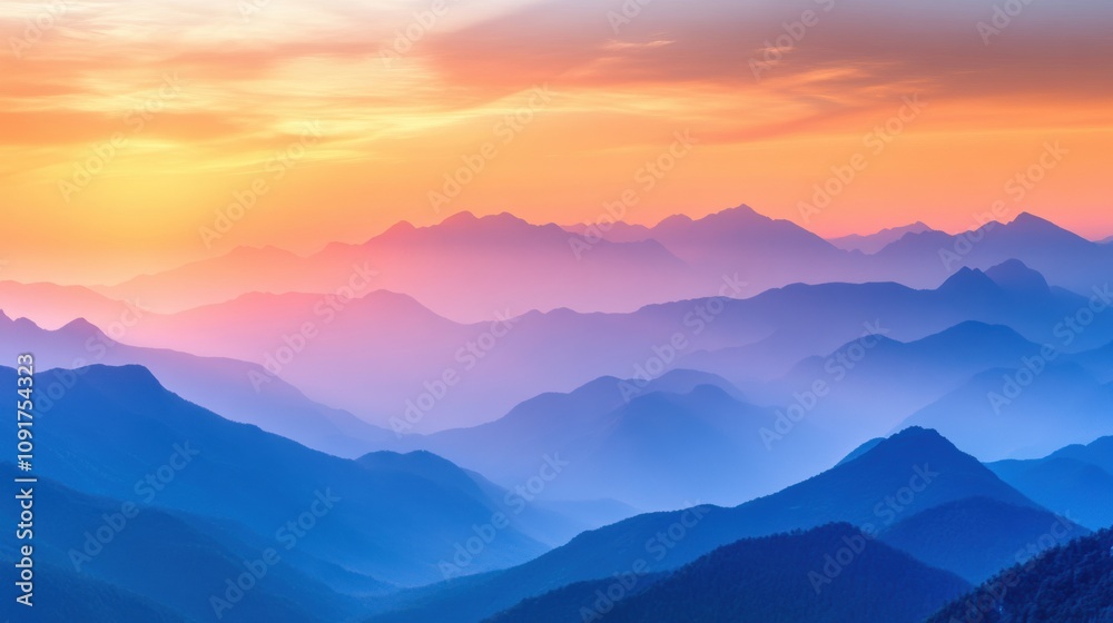 Aufkleber colorful sunset casts a warm glow across layered mountain ranges, creating a serene and breathtaking