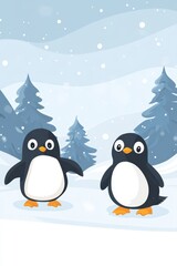 Obraz premium World penguin day. Adorable cartoon penguins in winter wonderland. Vertical banner. Copy space. World Wildlife Day. Flat illustration