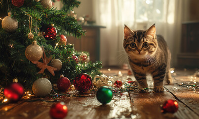 Mischievous tabby kitten stands near a Christmas tree with fallen ornaments on the floor. Sparkling decorations scattered around. Playful moment with festive lights and cozy holiday atmosphere