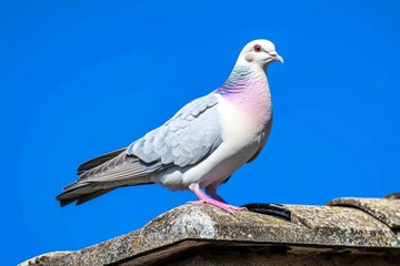 A closeup of the head of a pigeon, shot on a balcony, a sharp picture of a spying fowl, an uncommon photo
