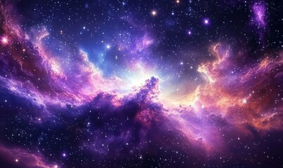 Obraz premium A colorful galaxy surrounded by swirling purple clouds and bright stars