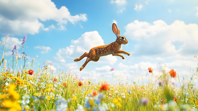 A Majestic Springhare in the Heart of a Vibrant Savannah Landscape Under a Bright Blue Sky