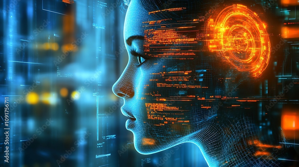 Poster Digital AI Female Profile with Futuristic Interface and Data Visualization : Generative AI