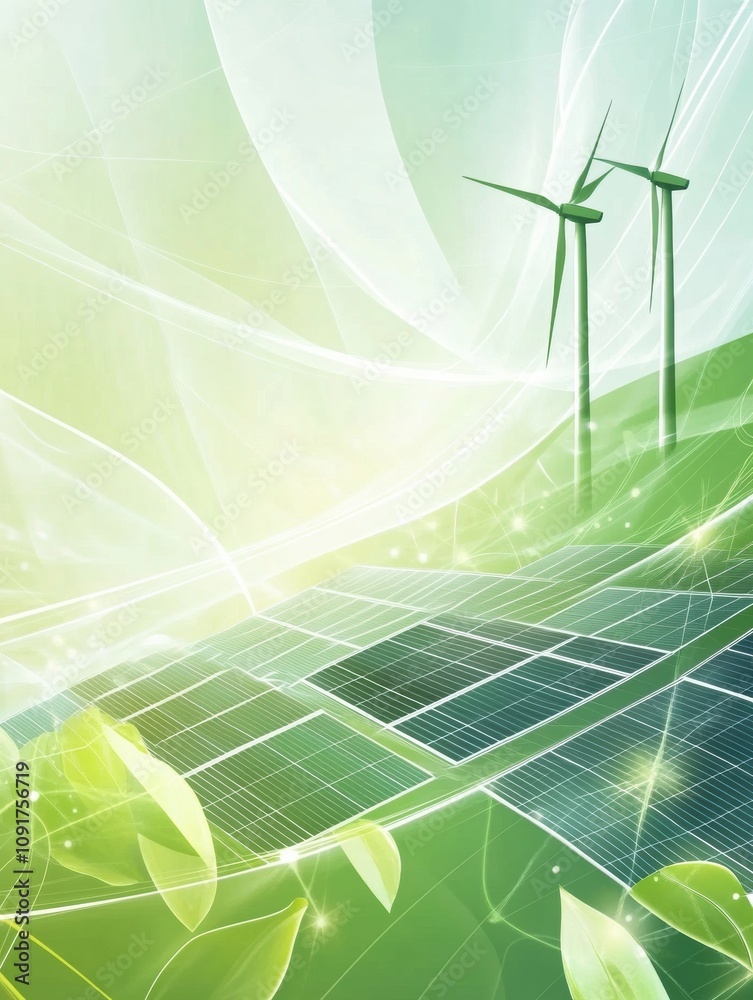 Poster solar panels and wind turbines are integrated into a minimalistic green environment, representing cl