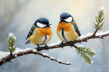 Adorable birds sitting on a snowy branch with soft green needles in a serene winter setting