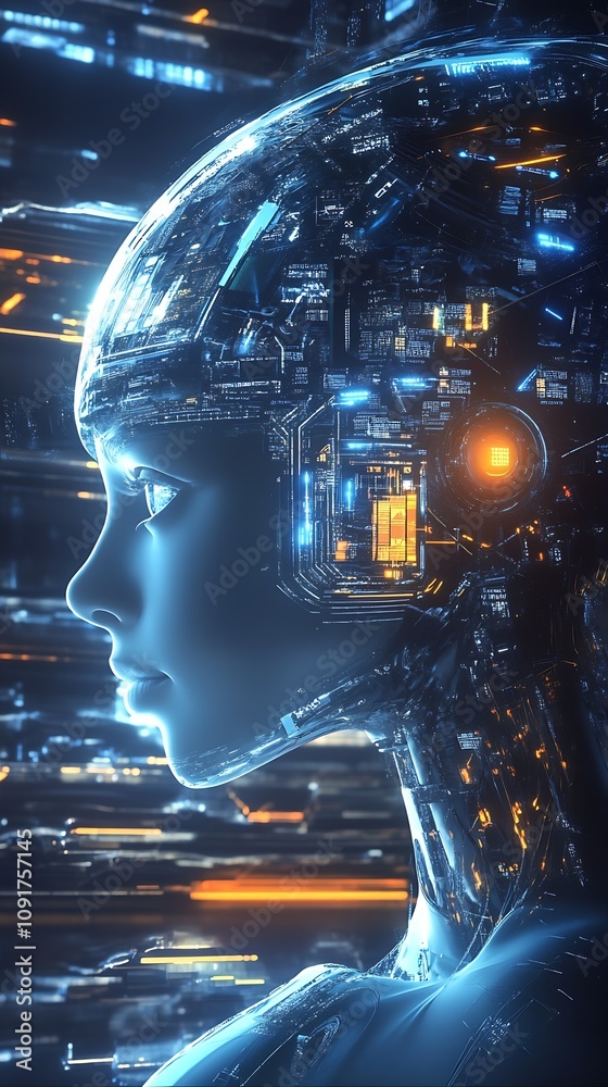 Aufkleber Futuristic Cybernetic Woman AI with Advanced Technology Interface : Generative AI