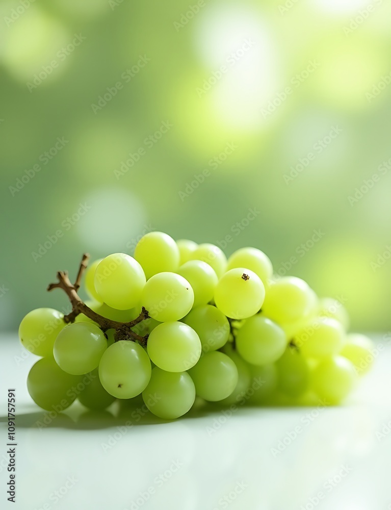 Poster A cluster of fresh green grapes rests on a clean white surface in front of a digitally generated artistic image created by AI technology.