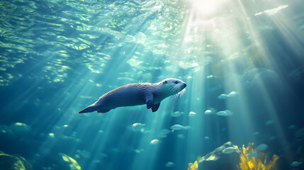 Obraz premium Underwater Adventure: An Adorable Sea Otter Diving for Food in a Sunlit Seascape