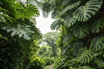Fototapeta premium Dense foliage with large tropical leaves forming a lush canopy, outdoor, landscape