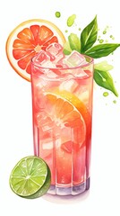 Watercolor Paloma Cocktail in a Short Glass, Refreshing Drink for Summer Generative AI