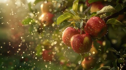 Sun drenched apples glistening with raindrops on a vibrant branch