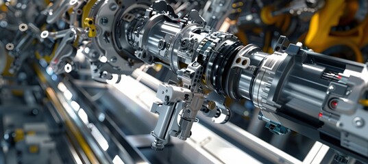 Advanced Robotic Arms Assembling Car Drivetrain Components on High-Tech Assembly Line