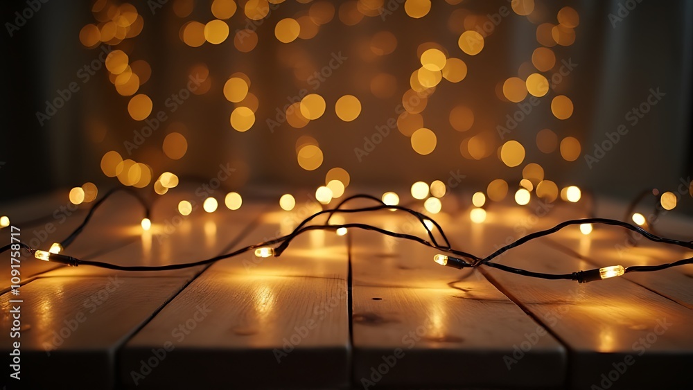 Poster A wooden table is illuminated by Christmas lights against a blurred bokeh background created using generative artificial intelligence.