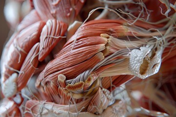 A close-up view reveals intricate details of muscles and connective tissues on a human anatomical model, highlighting their structure at a medical education facility.