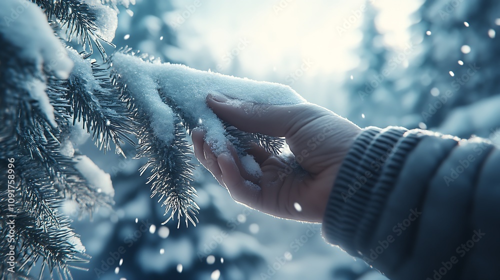 Aufkleber hand touching snow on evergreen branch in winter wonderland forest : generative ai