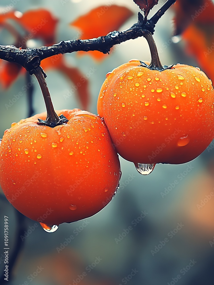 Poster vibrant persimmon fruits with dew drops in autumn orchard : generative ai