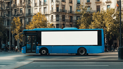 Obraz premium 3D realistic blue city bus from the side, featuring a sizable white mockup space for branding or advertising