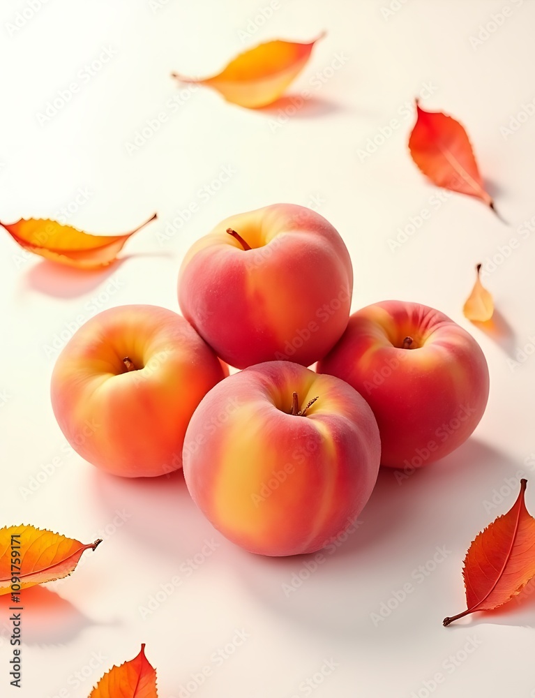 Poster Ripe peaches sit on a white background surrounded by leaves in vibrant colors created using generative AI technology.
