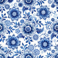 The background is a pattern with blue flowers in the form of a gzhel.