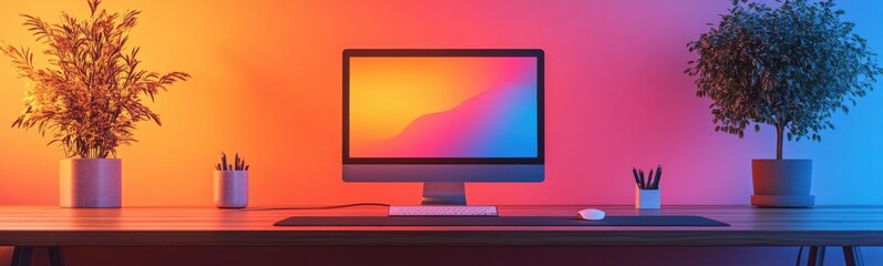 Computer monitor sitting on a desk with a plant