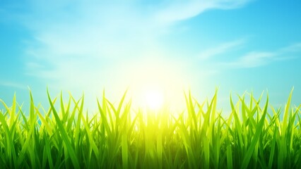 Fototapeta premium Vibrant green blades of grass stretch out against a bright blue sky with warm sunlight shining down upon them.