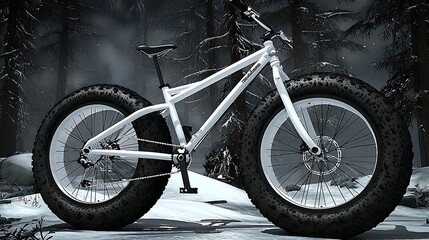Obraz premium A white fat bike stands in a snowy forest, designed for winter cycling adventures.
