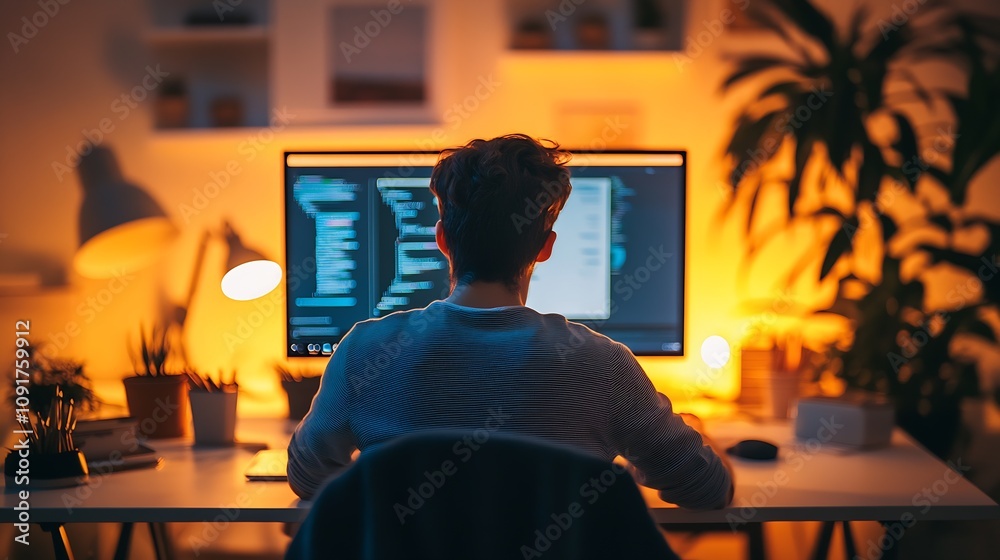 Poster software developer focused at desk amidst cozy home office setup at night : generative ai