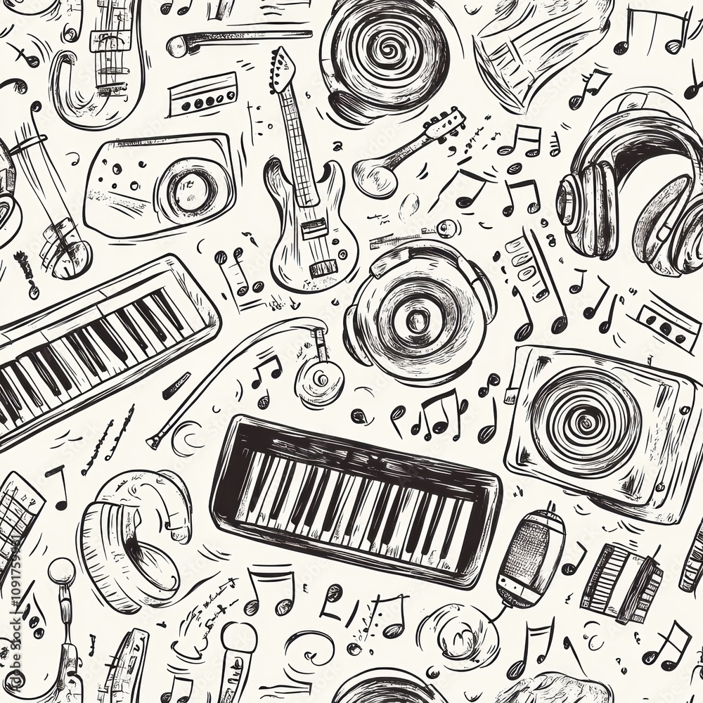 Poster this vibrant design features various musical instruments, notes, headphones, and sound waves in an i