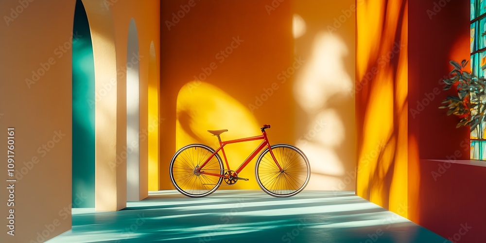 Poster minimalist architectural scene with bike in warm sunlit space with geometric shadows : generative ai