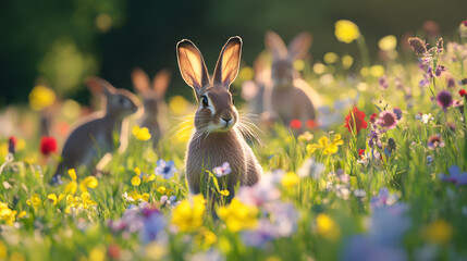 Fototapeta premium A Joyful Group of Springhares Playing Together in a Colorful Meadow Bathed in the Morning Sun