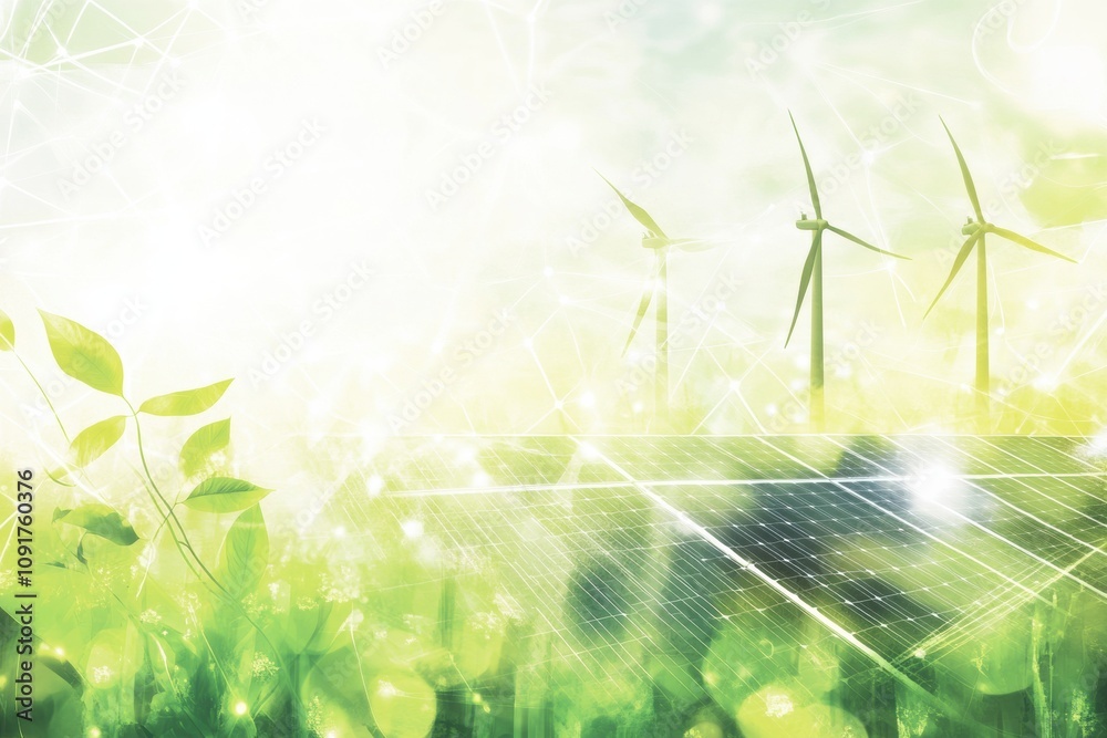 Aufkleber solar panels and wind turbines are prominent in a vibrant landscape enriched with abstract green pat