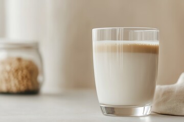 Minimalist Beverage Art with a Glass of Milk Coffee on Neutral Background Highlighting Natural Textures : Generative AI