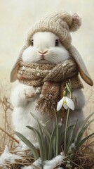 Fototapeta premium Fluffy bunny in cozy winter attire stands beside a delicate snowdrop flower, AI