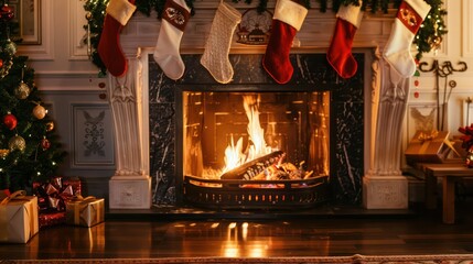 A festive Christmas greeting card displaying a cozy fireplace with stockings hung and gentle fire glow, set against a room decorated for the holidays.