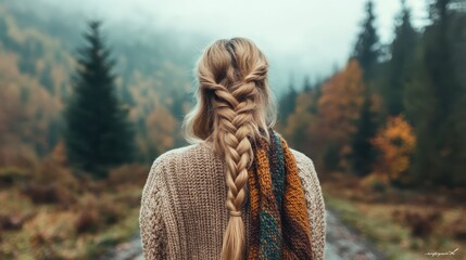 A blonde woman with intricate braids looks away towards a misty path flanked by stunning fall foliage, exuding a calm and journeying spirit.