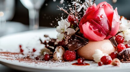 Decadent dessert adorned with luscious chocolate and soft pink petals, capturing a beautiful interplay of texture and flavor on an elegant white plate.