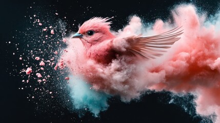 Fototapeta premium A stunning display of a vivid pink bird soaring through the air, enveloped by a mesmerizing cloud of colorful dust, creating a dreamlike scene.
