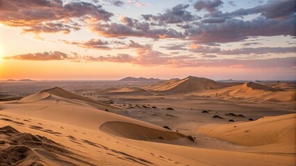Obraz premium Dunes stretching towards the horizon at dawn, sun rise, ocean view, panoramic, serene landscape, coastal